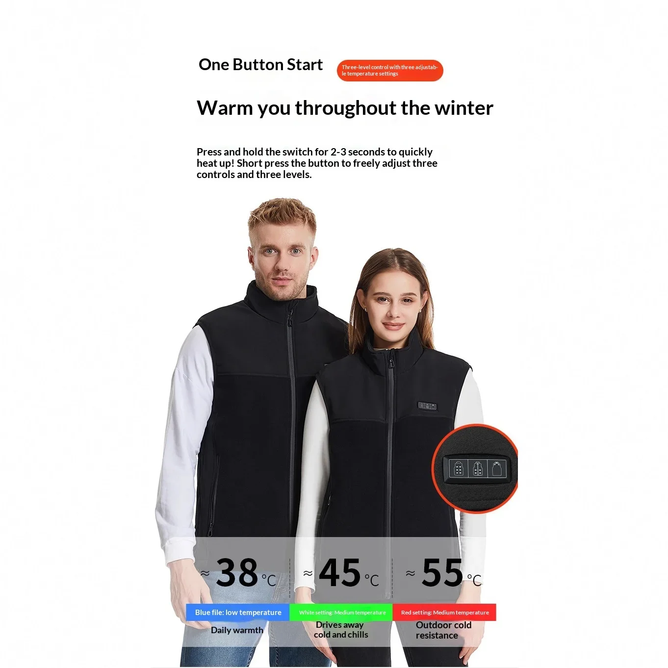 

Men Smart Heated Vest USB Charging Adjustable Size Stand Collar Winter Warm Waistcoat 3 Temperature Settings Outdoor Heater