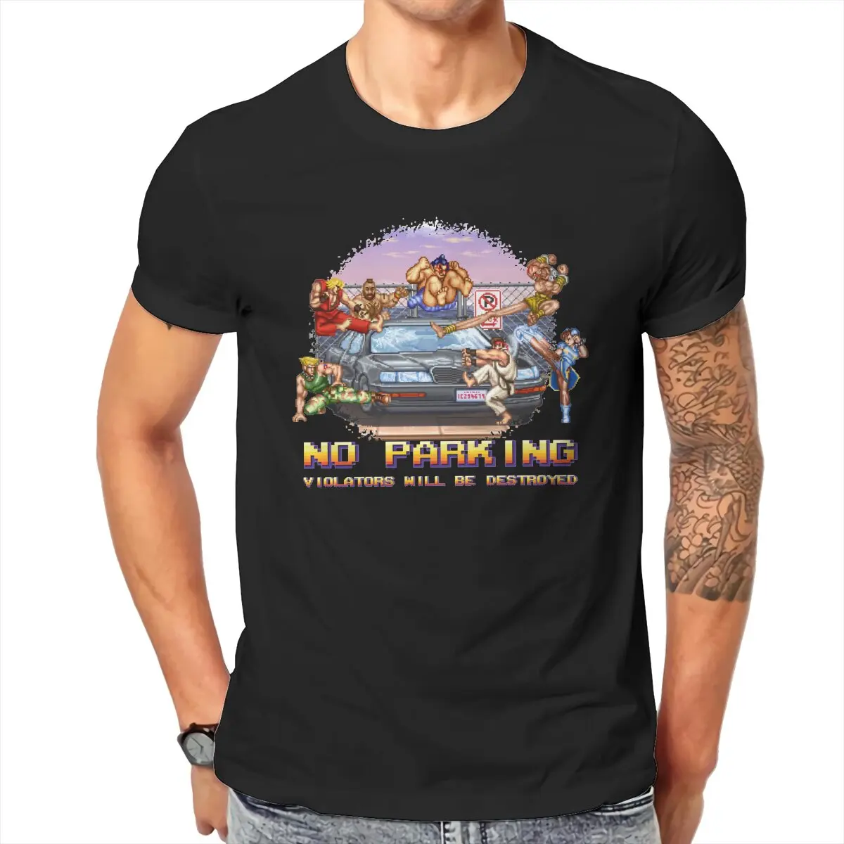 No Parking Violators Will Be Destroyed Street Fighter  T Shirt Men\'s Cotton Novelty T-Shirt 8bit Pixel Art Tees Tops New Arrival