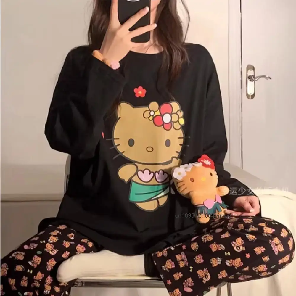 

2 шт., женские пижамы с рисунком «Hello Kitty», милые черные брюки с круглым вырезом и длинными рукавами, повседневная модная кавайная студенческая корейская домашняя одежда