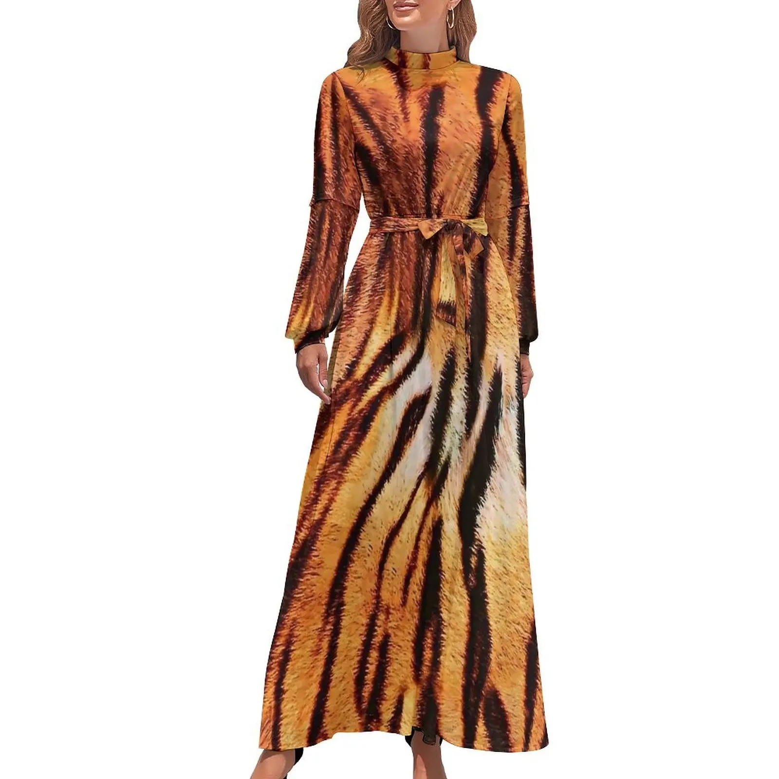 

Tiger Animal Print Dress High Neck Graphic Beach Dresses Long Sleeve Korean Fashion Long Maxi Dress Elegant Clothes