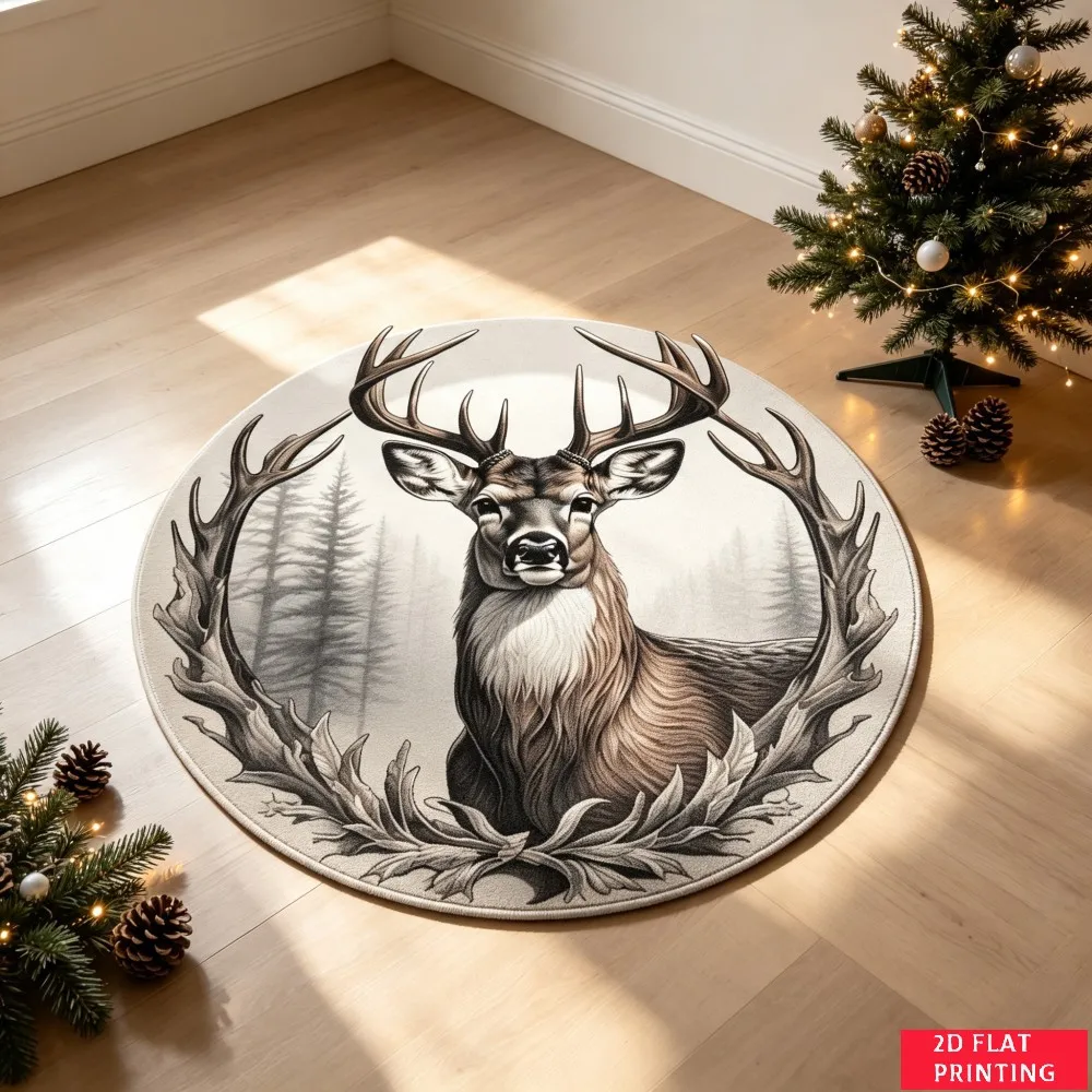 Realistic Stag Deer Head Antler Forest Scene Round Carpet For Rustic Cabin Or Lodge Decor With Natural Brown Grey Printed Carpet