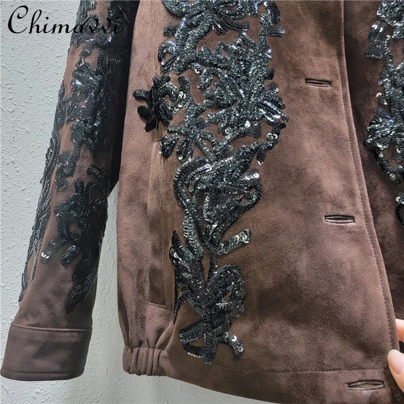 Brown Top Women\'s 2024 Autumn and Winter New Heavy Industry Sequined Embroidered Locomotive Suit Deerskin Velvet Jackets Coat