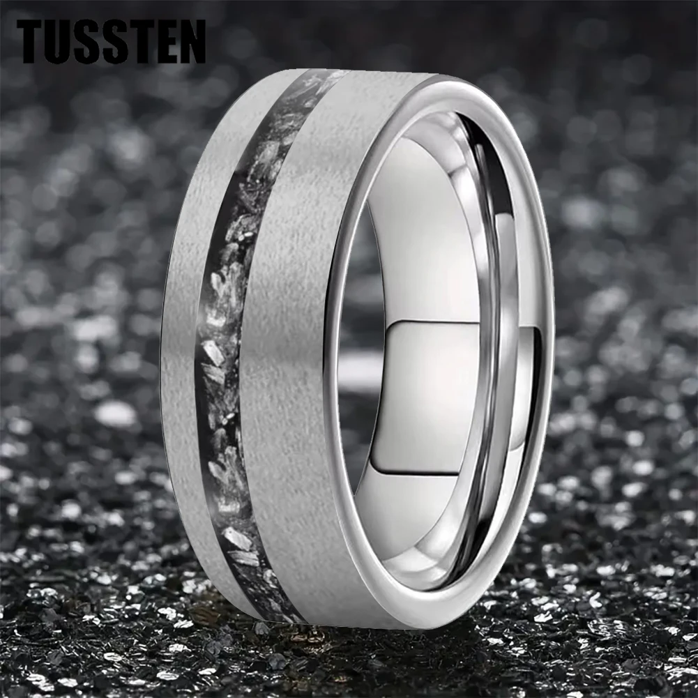 TUSSTEN 6/8MM Men's and Women's Wedding Ring With Meteorite Fragments Inset in the Offset groove for a Comfortable Fit