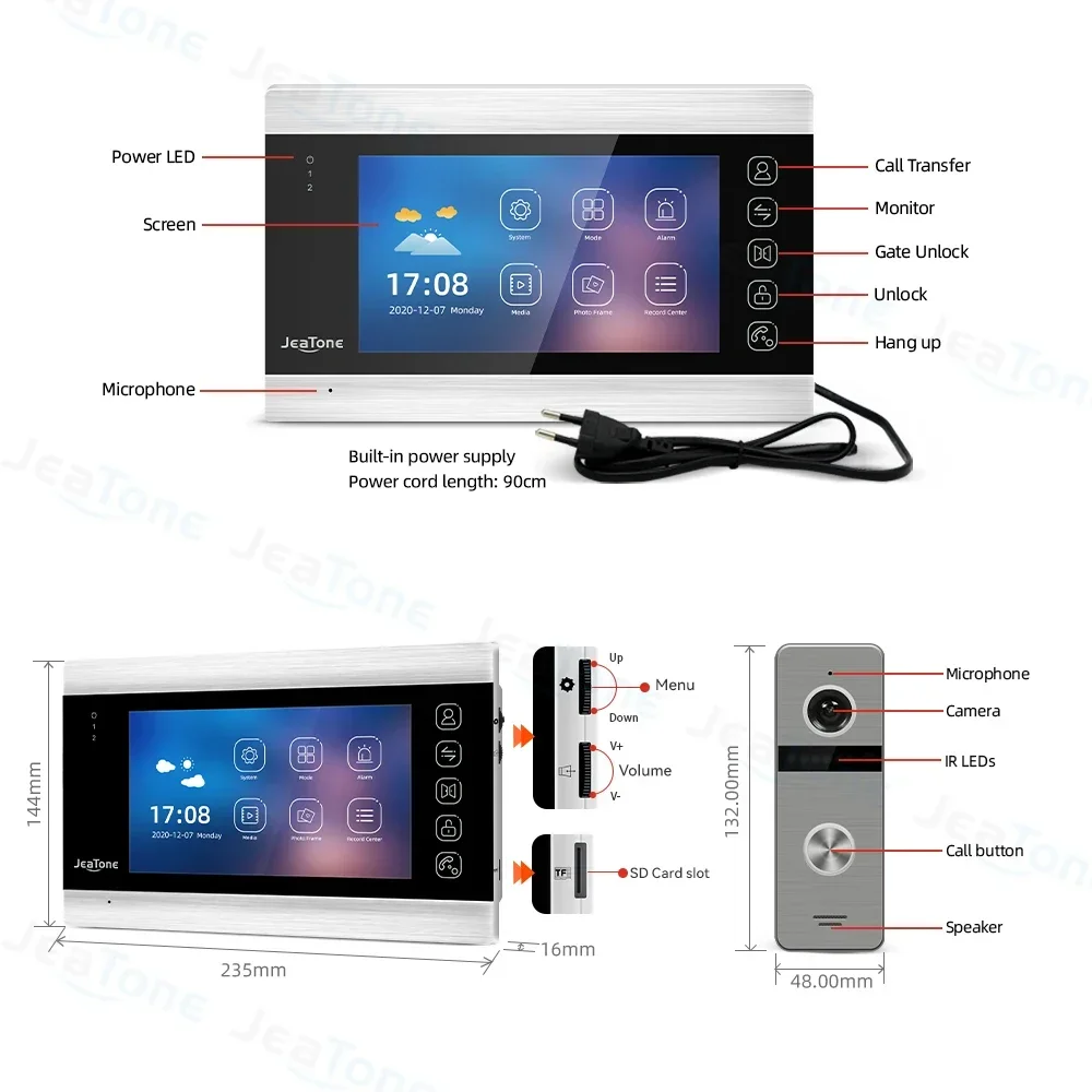 Jeatone-Tuya Color Touch Screen Video Intercom, Proteção de Segurança Doméstica, Câmera Campainha, Sistema de Interfone WiFi, 1080p, 7"