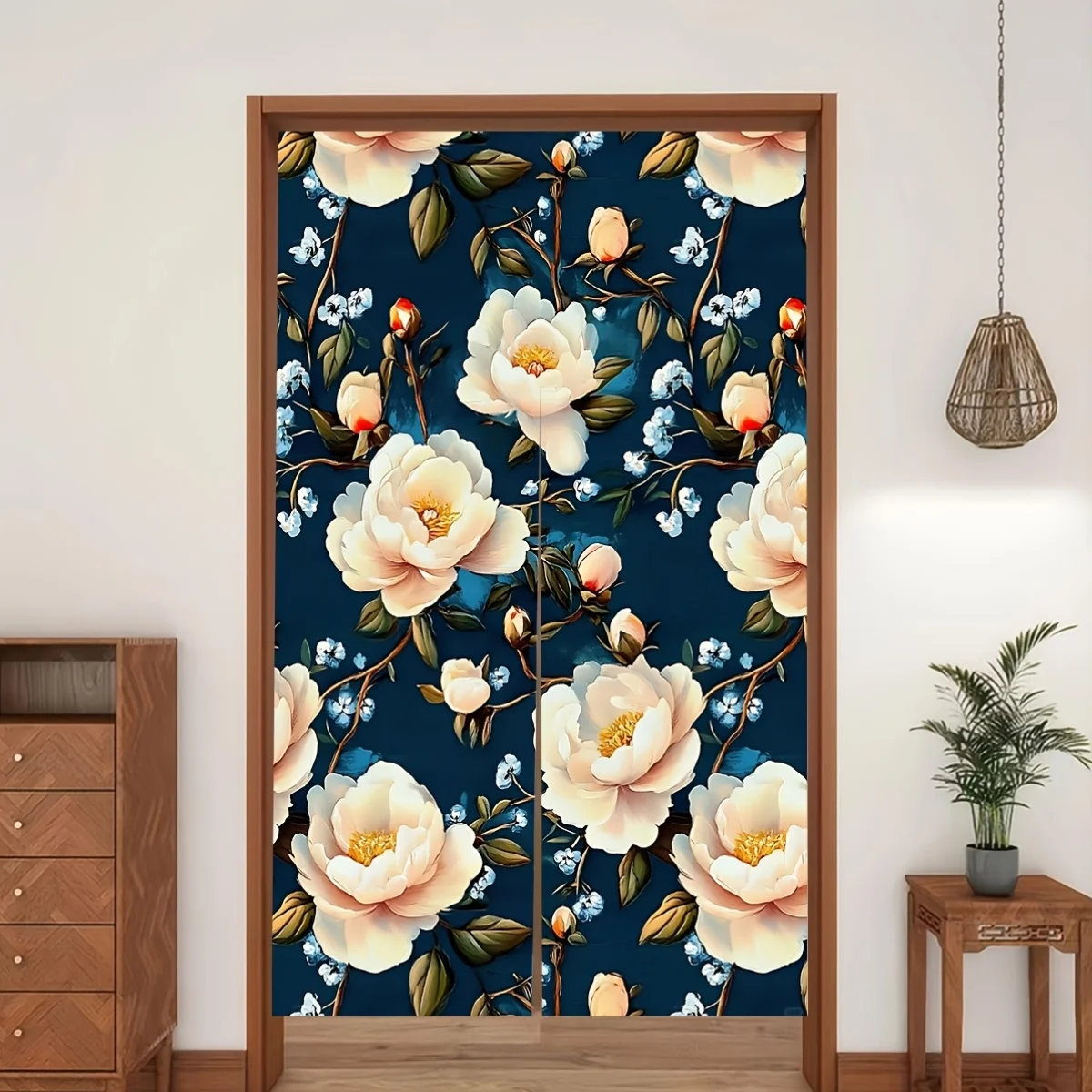 

1 шт., японская дверная занавеска с пионом — цветочный узор, темно-синий фон, подходит для спальни, гостиной, машинной стирки