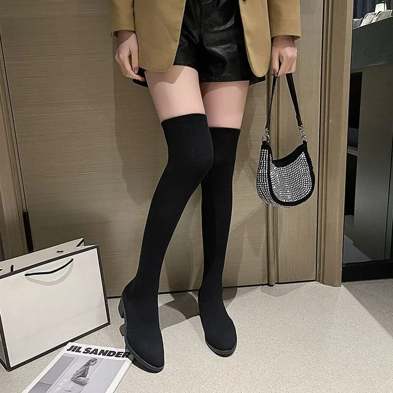 Spring Autumn Sock Elastic Ladies Knee High Shaft Shoes Trend 2025 Footwear Winter Novelty on Promotion Gyaru Women's Long Boots