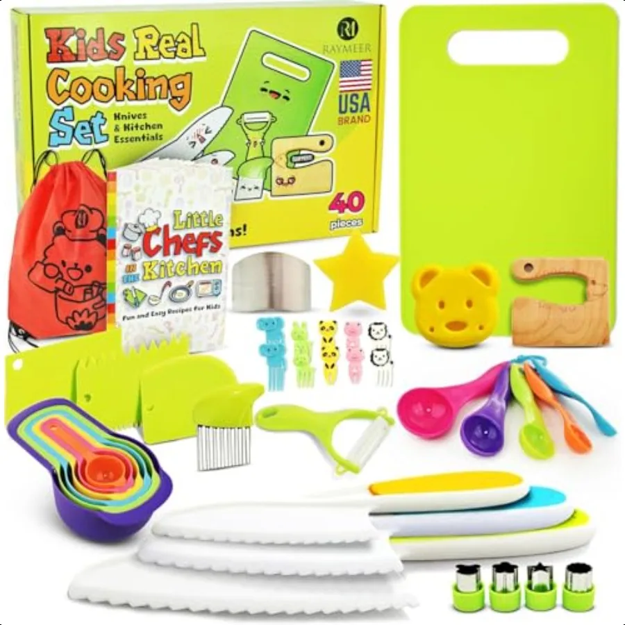 

40Pcs Knife set for Real Cooking Montori Kitchen Tools for Toddlers Safe Kitchen Tools and Accories with Recipes Book Cutting B