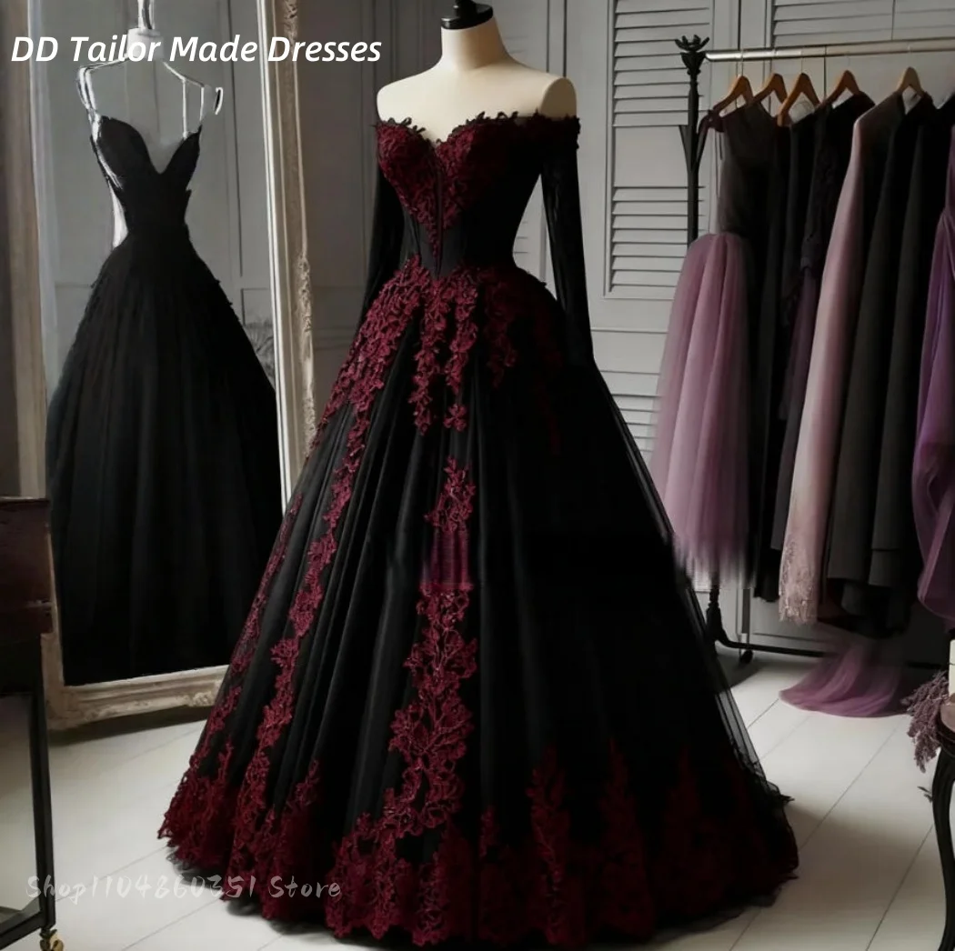 Gotisches Vampir-Hochzeitskleid in Schwarz und Burgunderrot, A-Linie, lange Brautkleider, schulterfrei, lange Ärmel, Spitzenapplikationen, individuell gestaltet