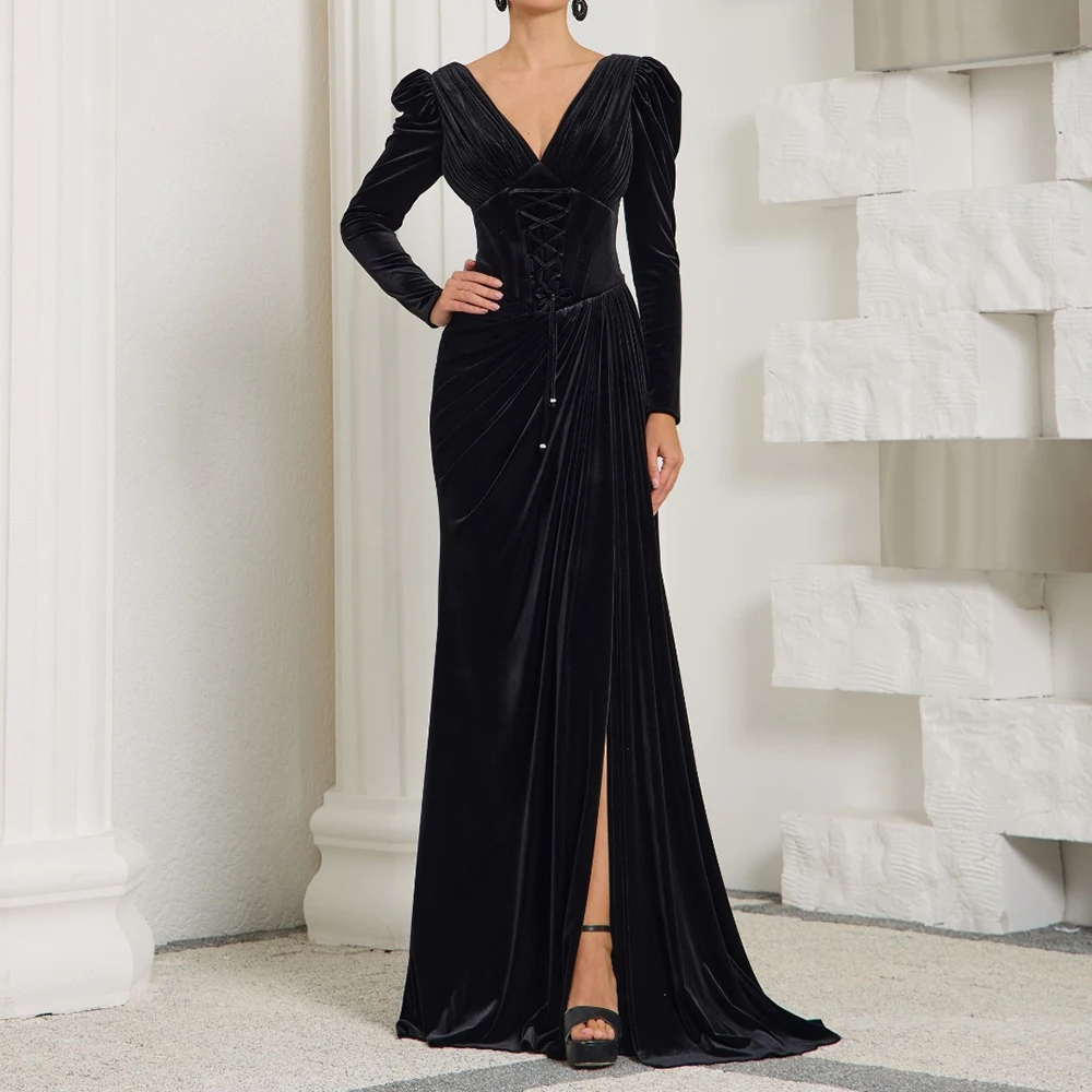 فساتين سهرة حورية البحر مخصصة بطول الأرض ورقبة على شكل حرف V وأكمام طويلة فستان حفلات أنيق مطوي برباط علوي بسيط ثنيات للحفلات