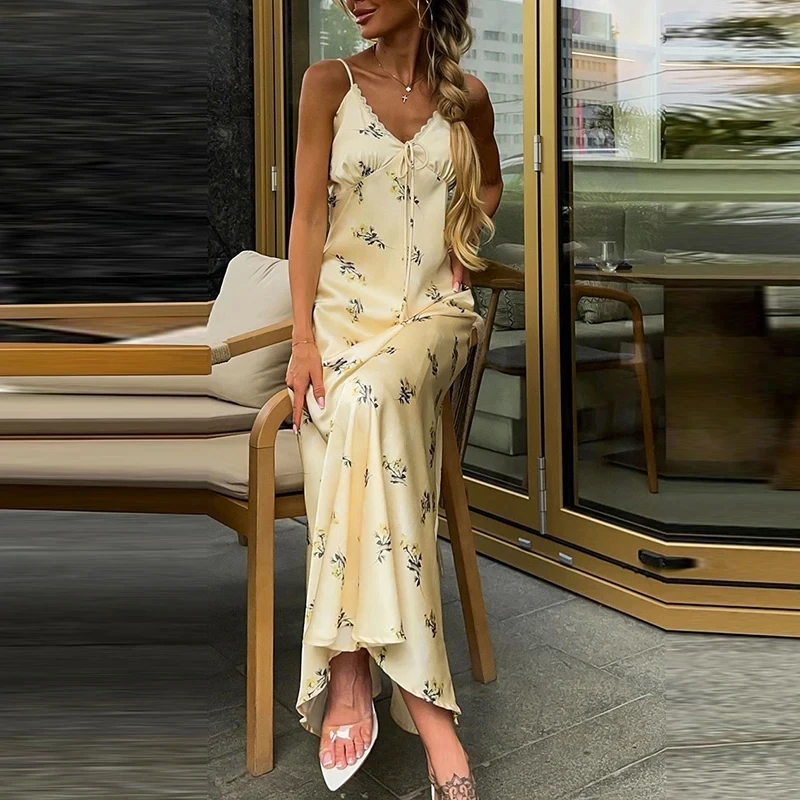 

Elegant Sleeveless Hollow Out Satin Dress Temperament Ladies Pleated Commute Dresses Fashion Printed Lace Halter Slim Maxi Dress