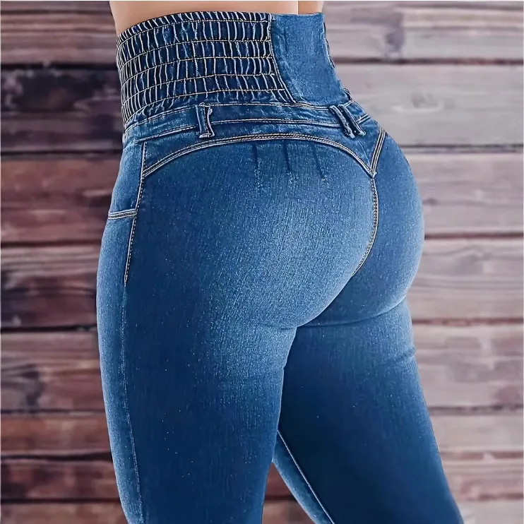 High-waisted Slim-fitting and Thin Elastic Button-row Women's Micro-pull Denim Trousers 2025 New  Europe and America