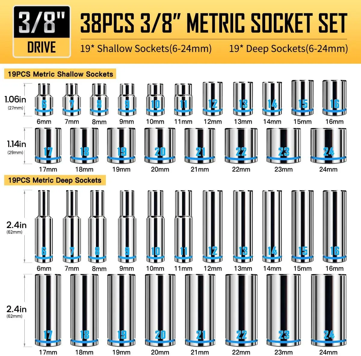 3 8 Inch Drive Socket Wrench Set 76 Piece Metric 6 24mm SAE 1 4 To 1 Deep Shallow Kit Embossed Painted Markings Ratchet Handle S