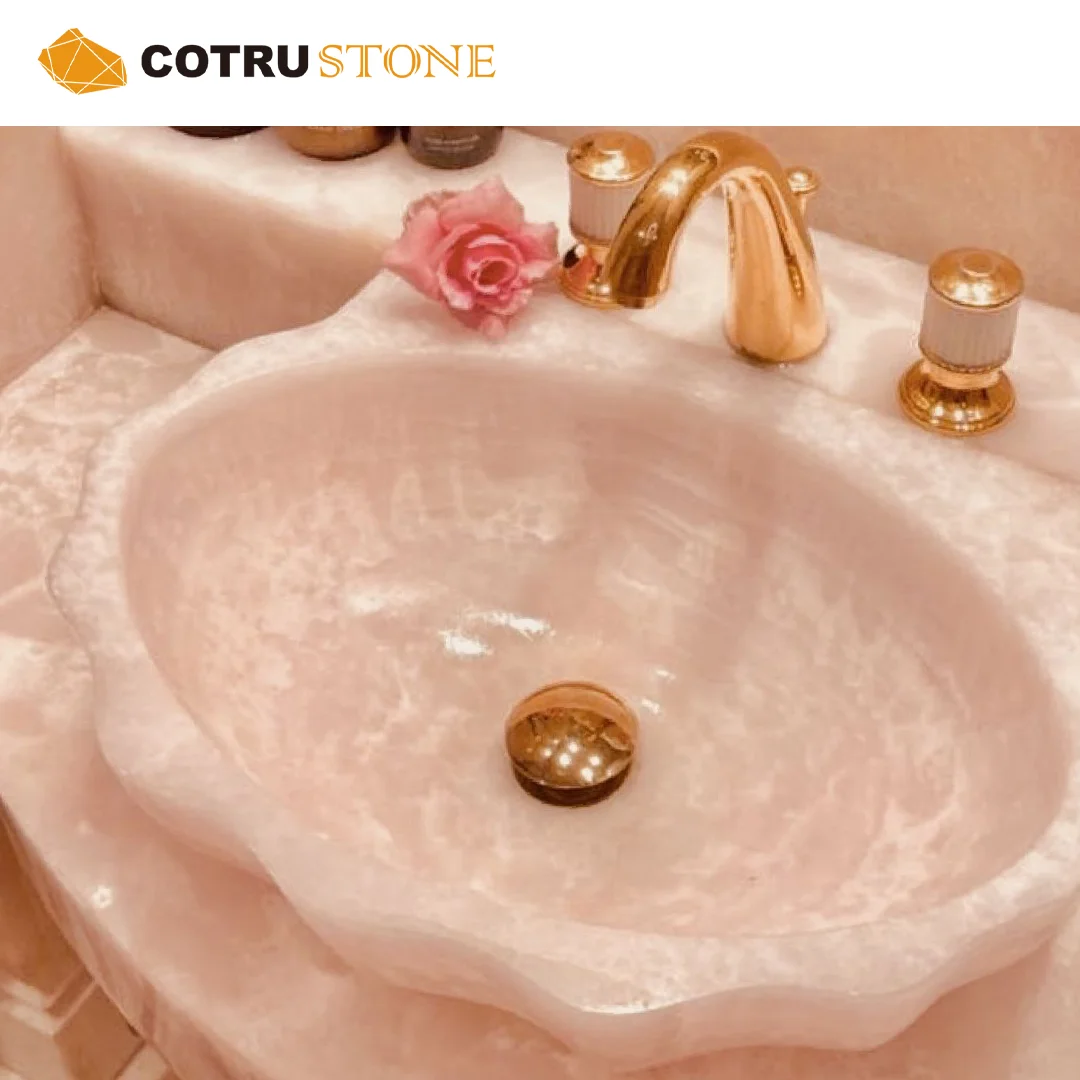 

Natural Pink Onyx Marble Stone Bathroom Vessel Washing Basins Sinks Customized Onyx Vanity Sink