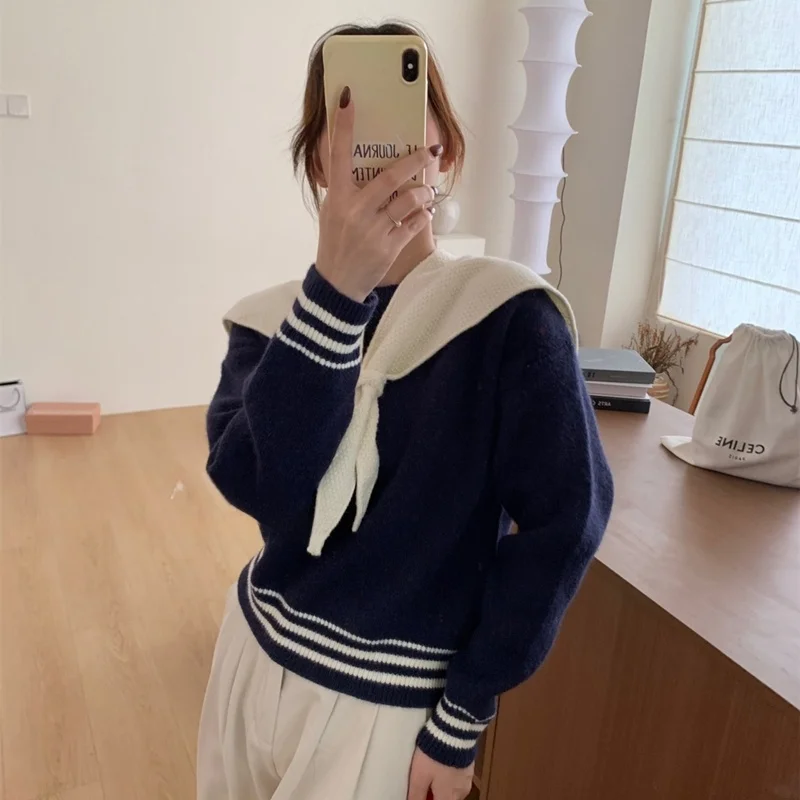 

Retro Contrast Color Navy Collar Long Sve Knitted Sweater Women's Autumn Winter plus Size Faion Slimming College Sle T...