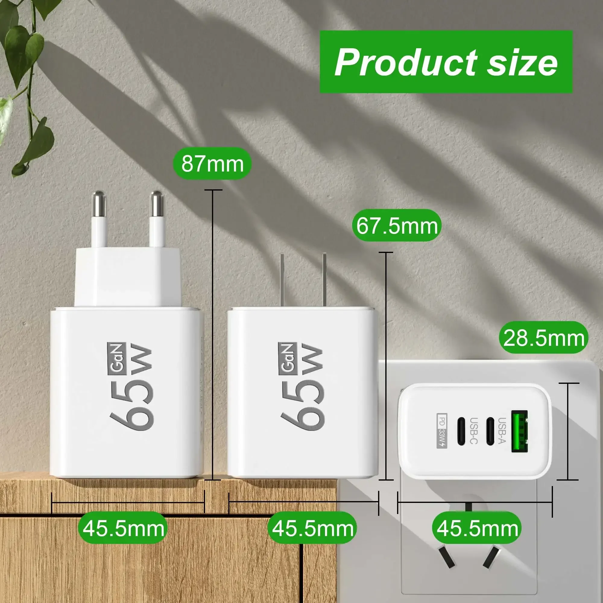 Foldable 65W GaN 3 Port USB C Charger PD Fast Charging Travel Wall Adapter for iPhone Samsung iPad MacBook Phones Laptops