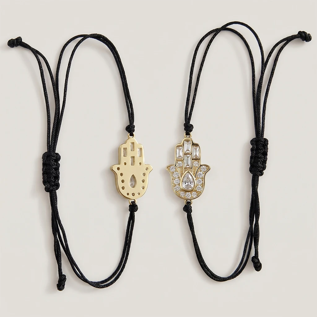 Moonmory Original 18K Vergoldetes Messing Hamsa-Hand Armband mit Marquise-, Birnen- und Baguette-Zirkonia, Schwarz, Verstellbares Kordelarmband mit Schutzauge – Detail 6