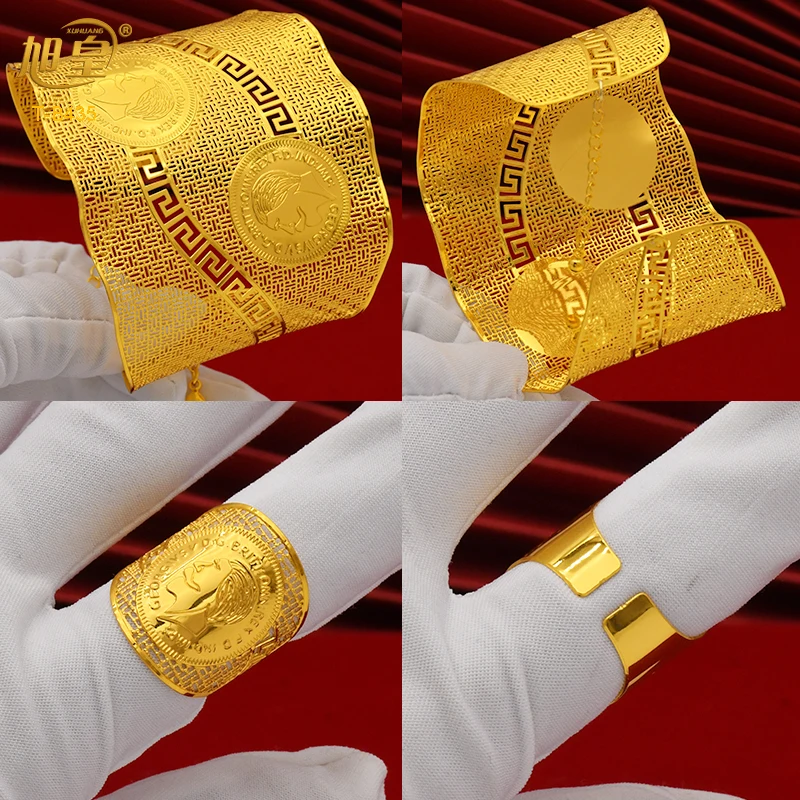 Xuhuang Luxe Ketting Manchet Armband & Ring Voor Vrouwen Dubai Gouden Kleur Indian Marokkaanse Armband Sieraden Arabische Afrikaanse Huwelijksgeschenken