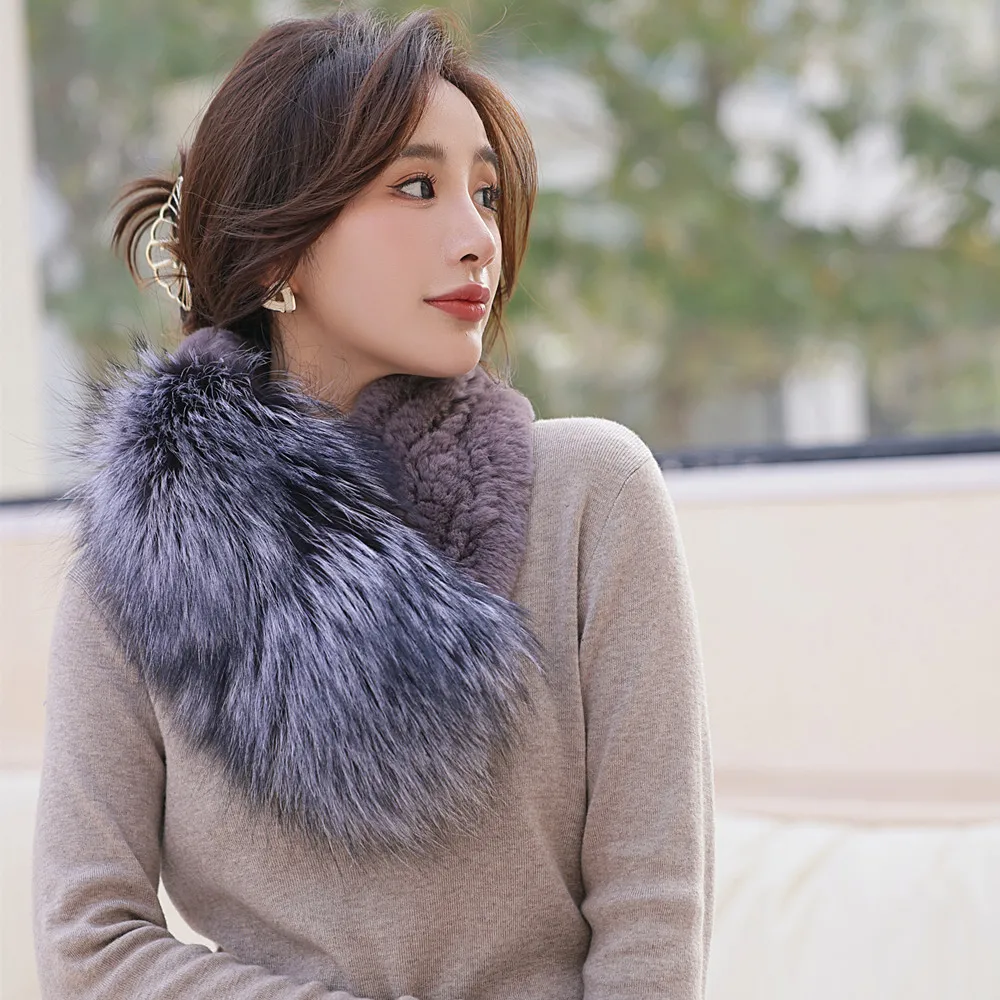 Women's new winter fur scarf warm scarf Rex rabbit hair woven with fox hair large shawl fur collar