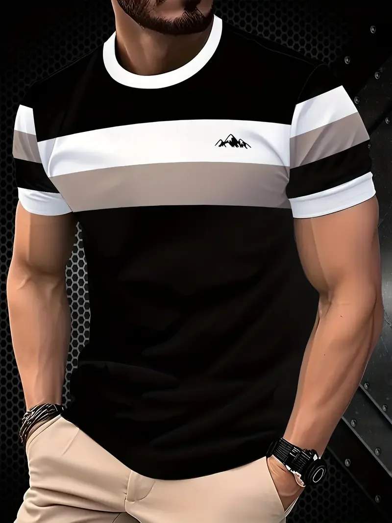 Classic Men's T-shirt Summer Outdoor Round Neck Short Sleeve Top Stripe Print Street Loose T-Shirt Male Oversized Clothing image 2