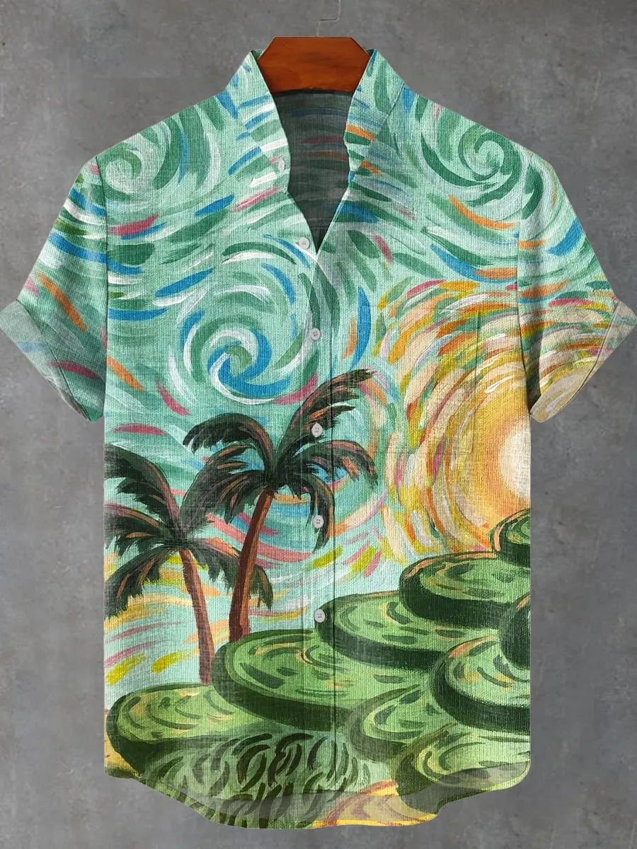 

Мужская льняная рубашка с коротким рукавом, модная летняя повседневная рубашка с рисунком щенка и растениями