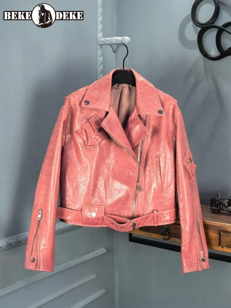 

Весенняя женская короткая куртка из натуральной кожи в стиле панк, с карманами на молнии, модная куртка из натуральной овчины, женская уличная одежда, верхняя одежда