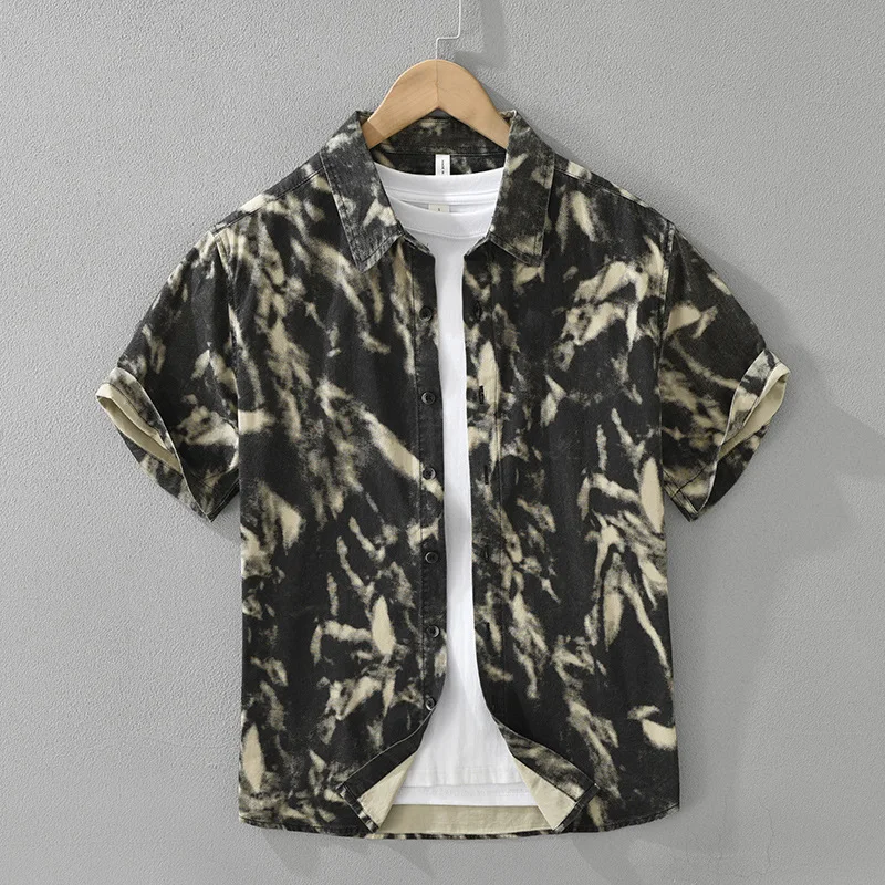 

8219 Japanese Style Print Short Sleeve Shirt for Men 100% Cotton Casual Loose Fit Men's Shirts Fashion Summer Tops Male TS-900