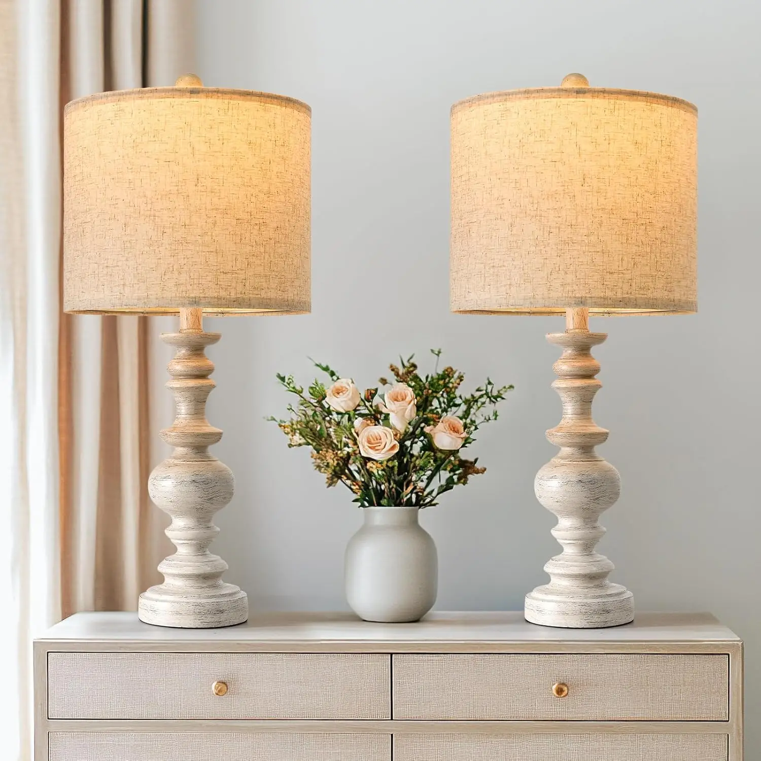 

24" Farmhouse Resin Table Lamp Set of 2, Vintage Linen Shade for Living Room Bedroom Office