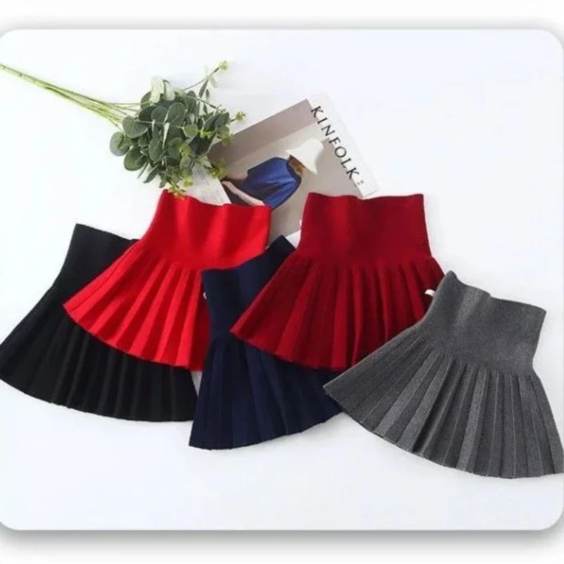 Kids Girls Knitted Skirts Cotton High Waist Skirts Children Autumn Winter Pleated Skirts Korean Style Black Gray Red Skirt