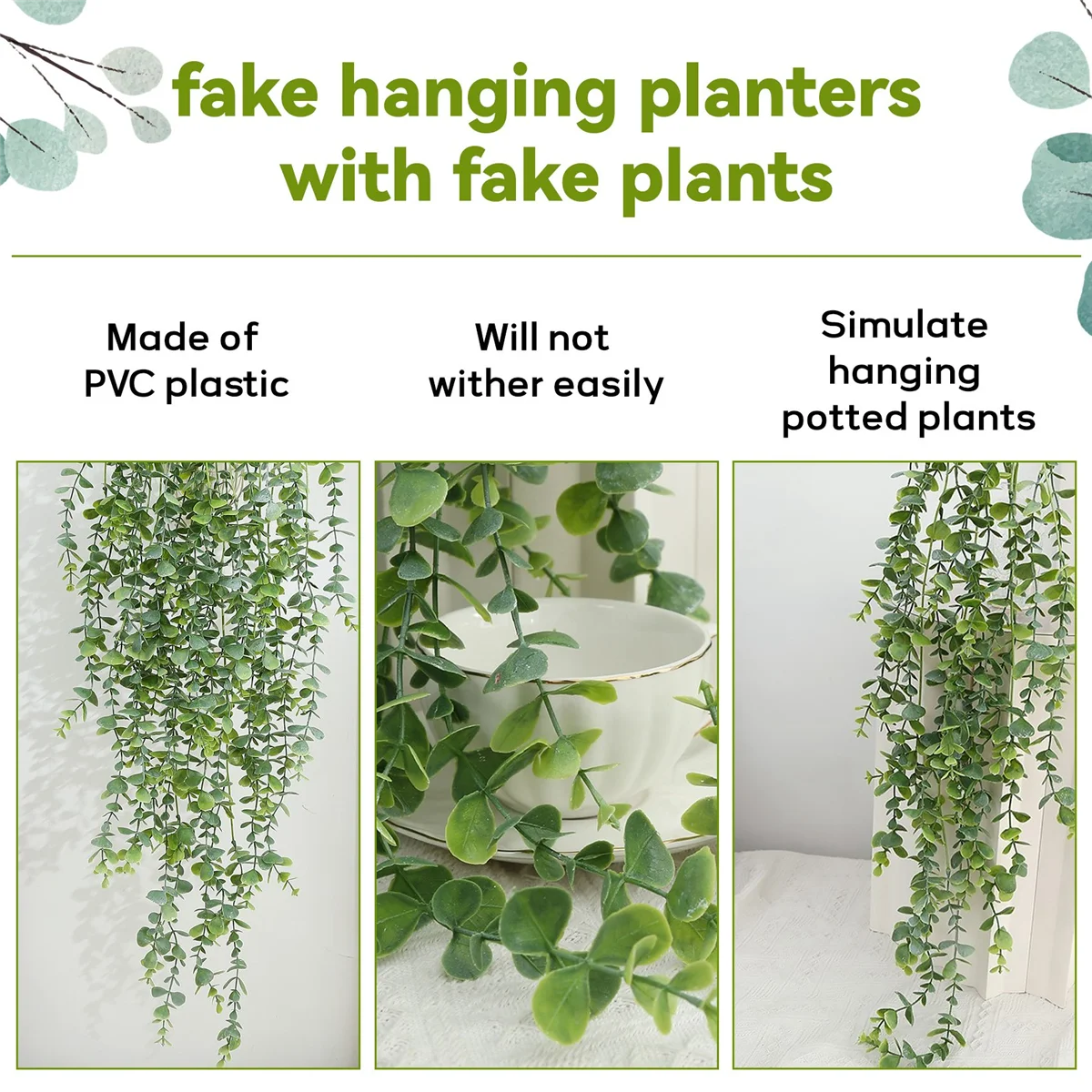 AT77 1 قطعة نباتات معلقة اصطناعية وهمية بوعاء الأوكالبتوس نبات معلق لغرفة الحائط المنزل فناء داخلي ديكور خارجي