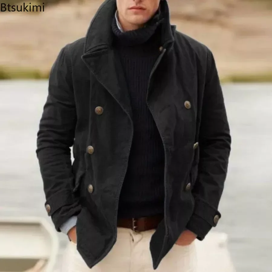 New2024 Men's Casual Long Sleeve Jacket Coat Cardigan England Turn-down Collar Double Breasted Warm Jackets Men Streetwear Coats