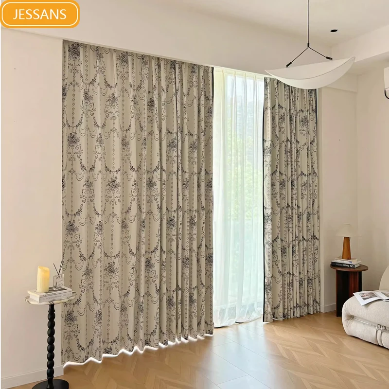 

French Medieval Black and White Jacquard Chenille Curtains for Living Room Bedroom Advanced Blackout Curtains French Window
