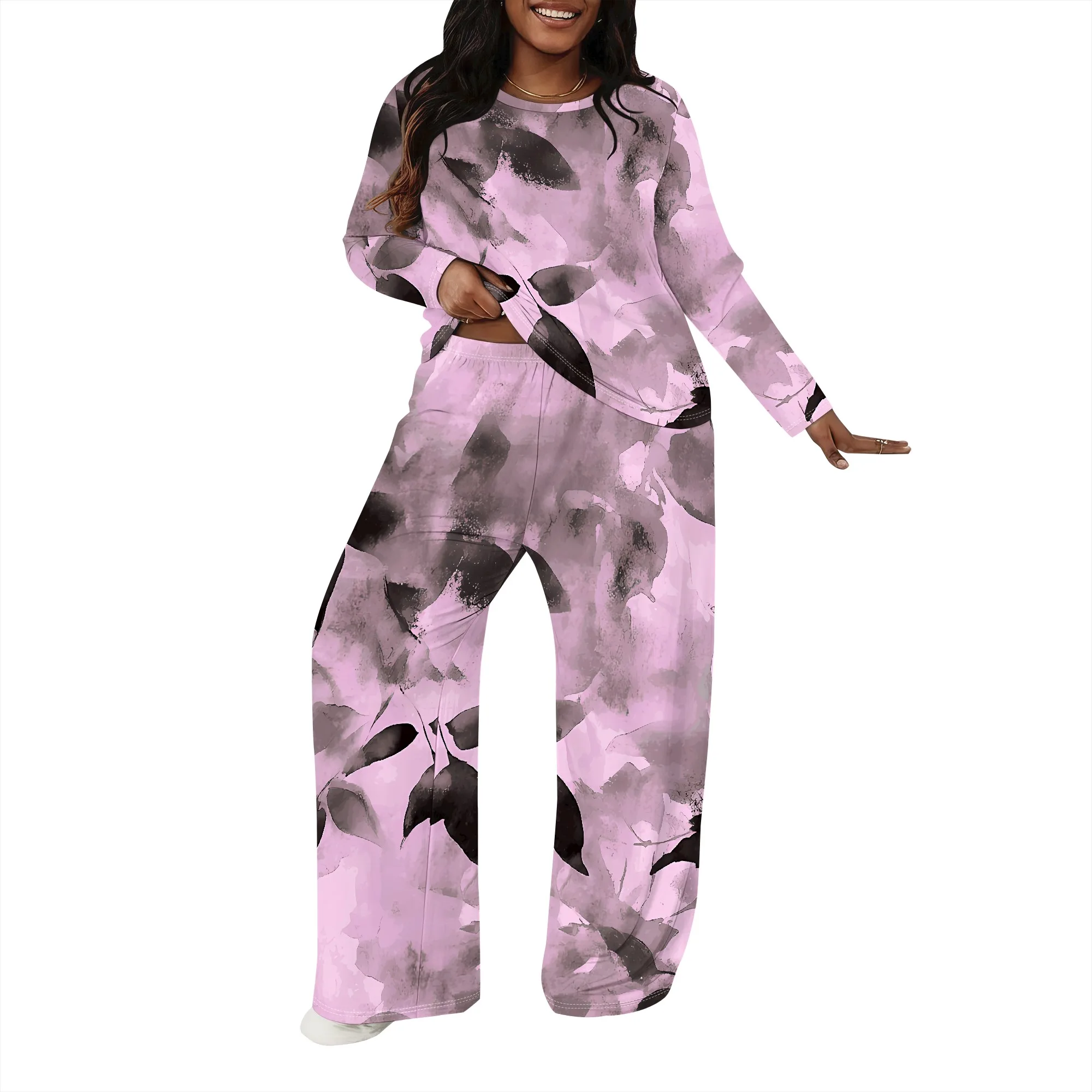 Picture 3: Plus size Women two-piece set with 3D geometric print casual loose round neck long sleeved two-piece set (pocket)