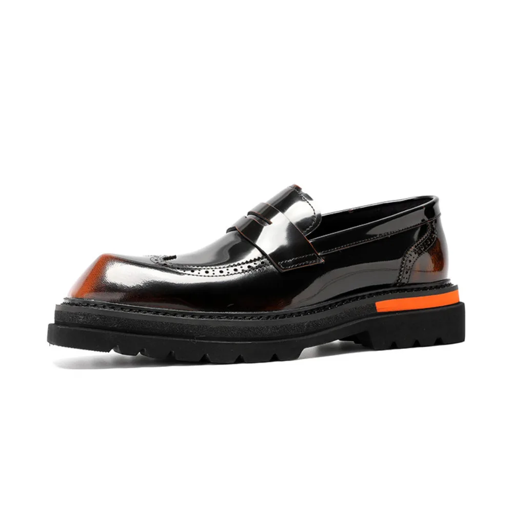 New Summer Brogue Dress Shoes for Men Carved Bright Surface Genuine Leather Thick Sole Business Casual Loafers
