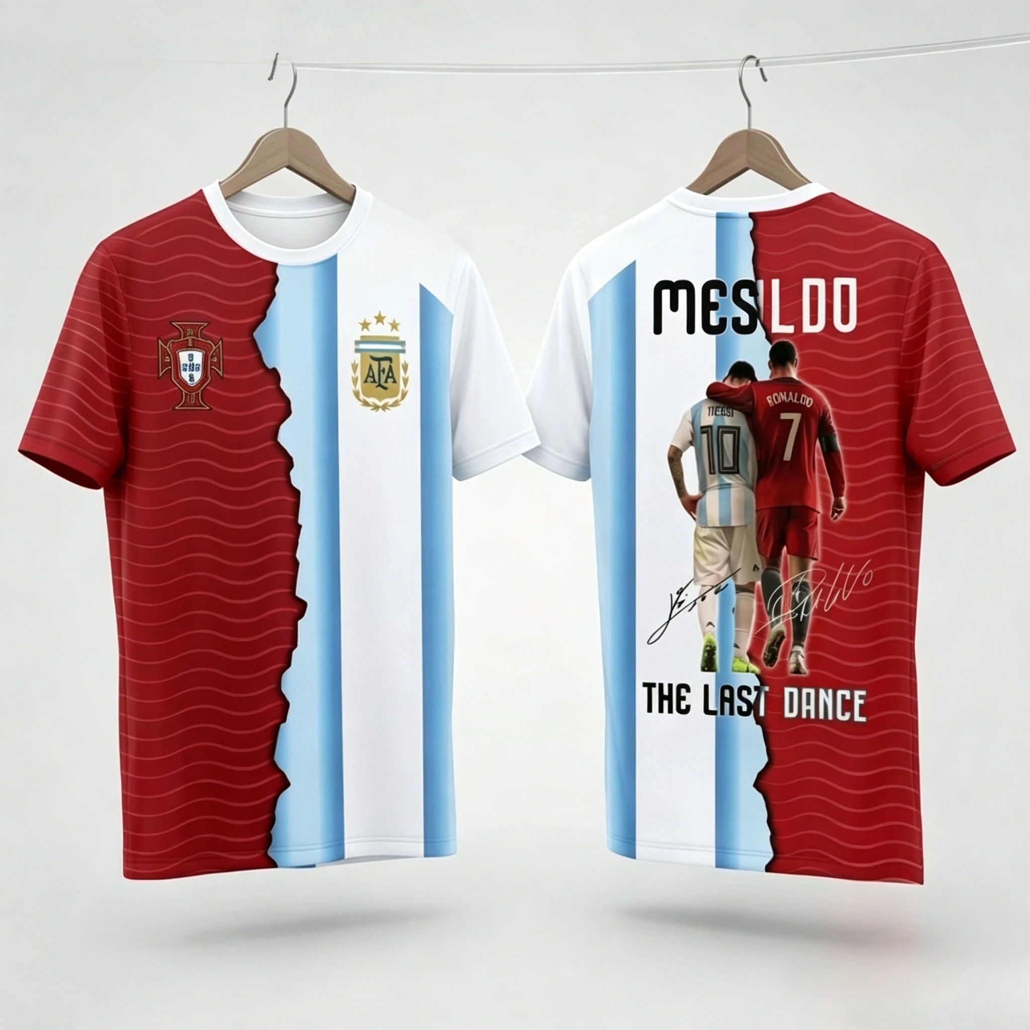 2026 Messi Ronaldo Retirement Commemorative Jersey Football Stars Fusion Design Argentina Portugal Fan Souvenir Sports T‑Shirt