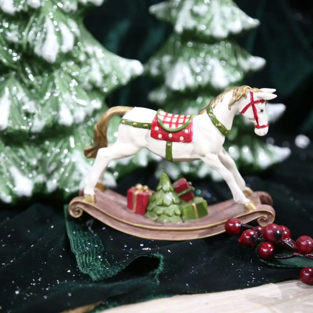 

Fashion Handmade Christmas Rocking Horse Painting Cartoon Resin Horse Statue Cute Horse Figurine Holiday Decor