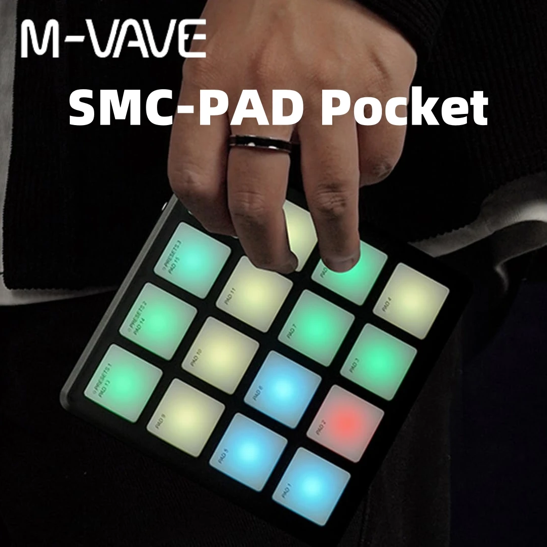 وسادات تحكم MIDI لاسلكية M-VAVE SMC-PAD للجيب باللون الأسود، وحدة تحكم MIDI محمولة مع 16 وسادات طبل MPC للمبتدئين