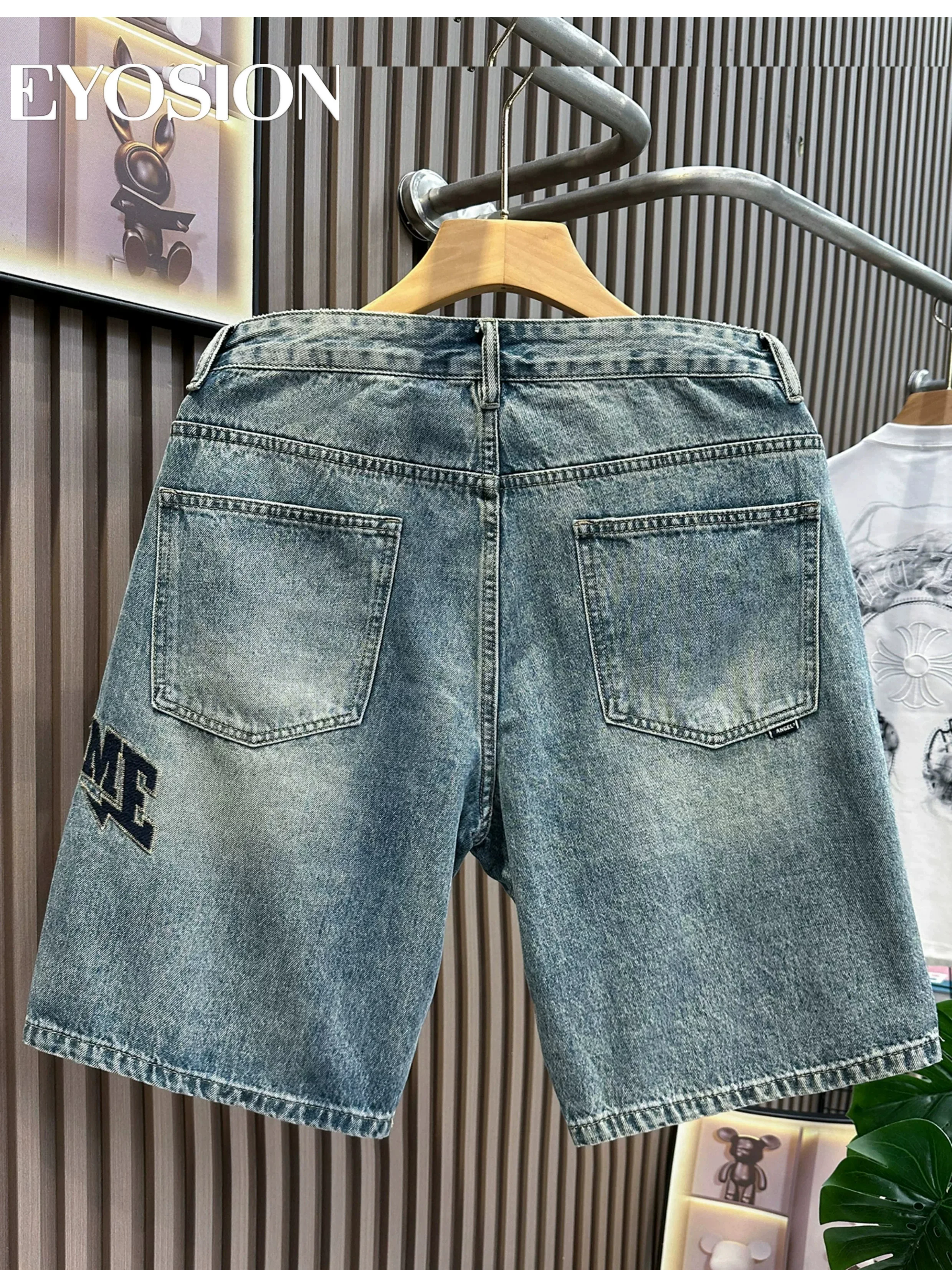 Men's Summer Casual Denim Shorts Knee Length Retro Ripped Letter Embroidered Jeans Shorts with Pockets Casual Middle Pants