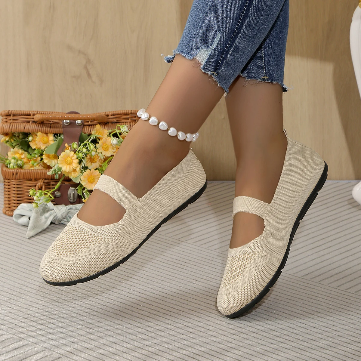 Elastic Knitted Flats Shoes for Women 2024 Summer Breathable Soft Loafers Woman Lightweight Slip on Casual Shoes Mom Moccasins