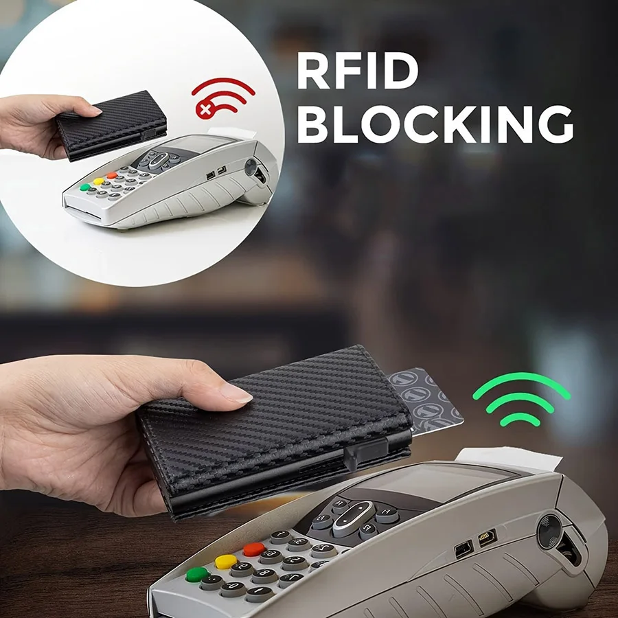 Herren-Geldbörse aus Kohlefaser mit RFID-Schutz, Pop-up-Kreditkartenhalter, Magnetverschluss, Dreifach-Geldbörse mit Reißverschluss-Münzfach – Detail 3