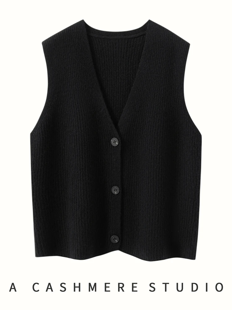 New Women's 100% Pure Cashmere Cardigan Vest V-neck Sleeveless Autumn Winter Simple Soild Knit Waistcoat High-end Outwear Basic