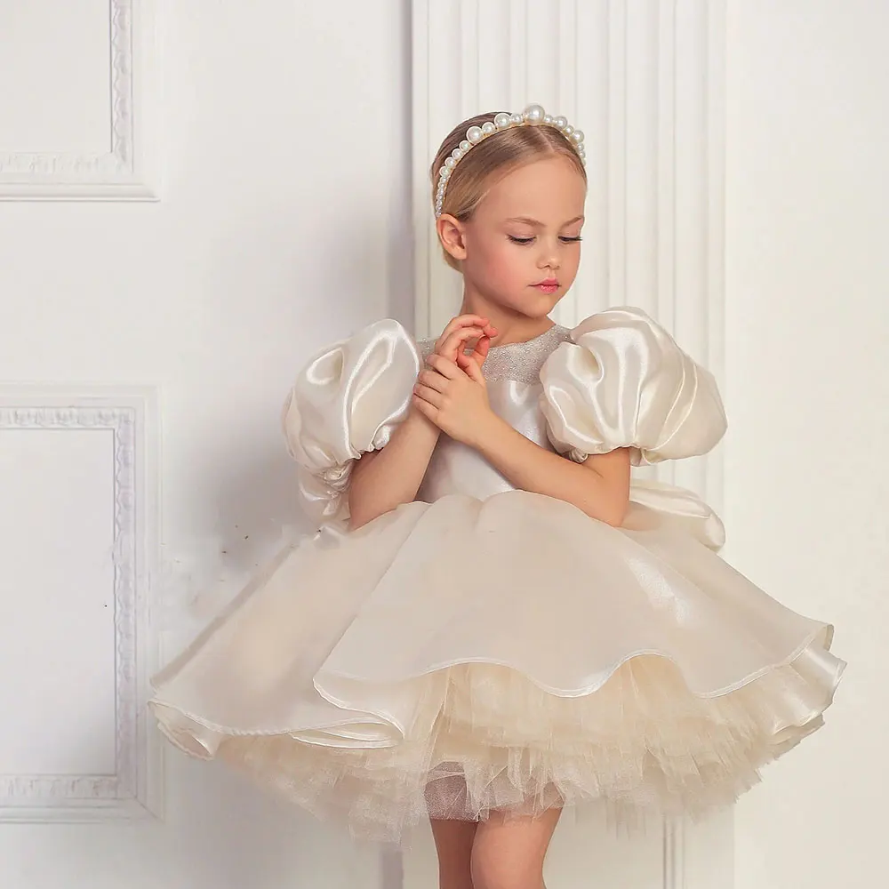 

Luxury Arabic Champagne Girl Dress Puffy Sleeve Dubai Baby Kids Princess Birthday Wedding Party Holiday Gown 2025