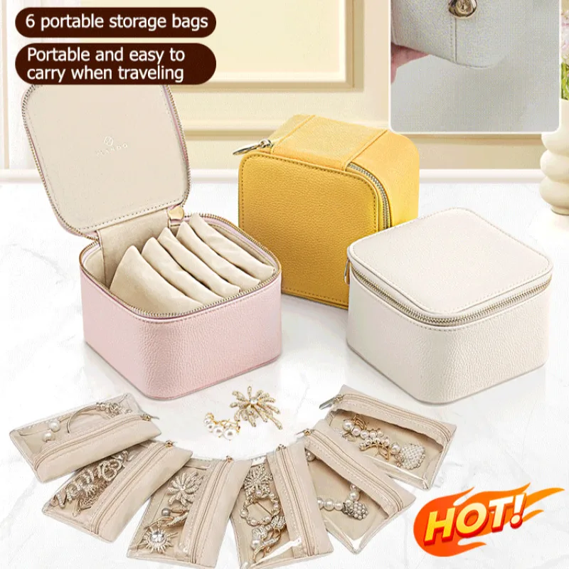 Joyero portátil de cuero genuino con bolsa multifunción para mujer, pendientes, collares, bolsa de almacenamiento
