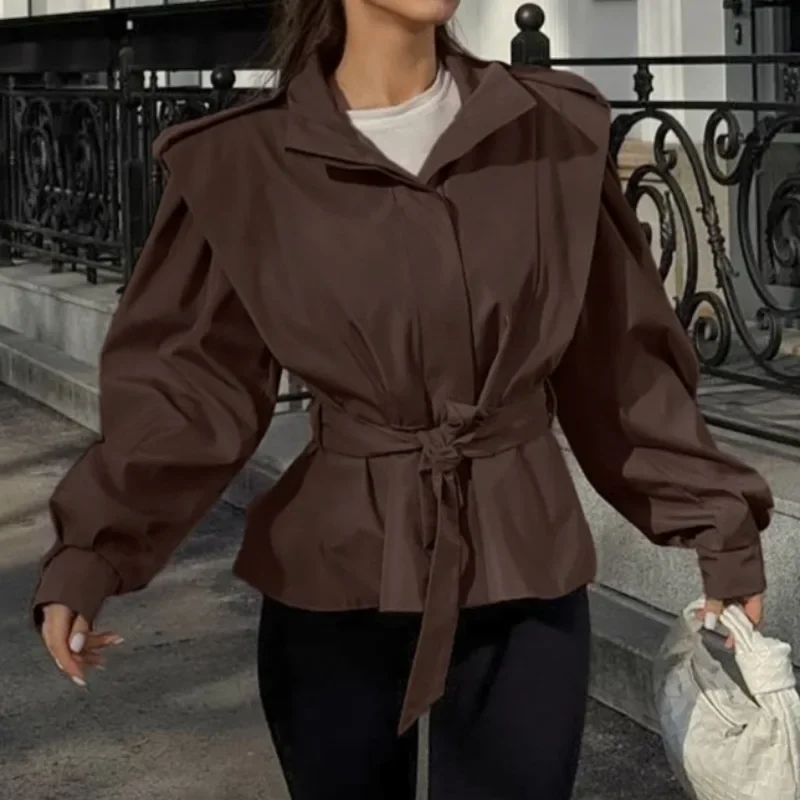 Solid Lapel Lace Up Jacket Elegant Women Fashion Long Sleeve Waist Cinching Short Coats 2026 Autumn New Office Commute Outwear