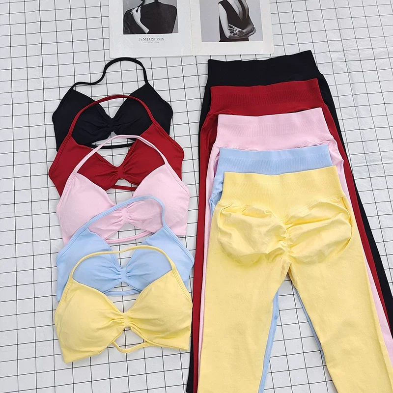 New Arrival Euro American Yoga Fitness Set Women Three Piece Waist Peach Butt Lifting Tight Gym Sports Long Yoga Pants