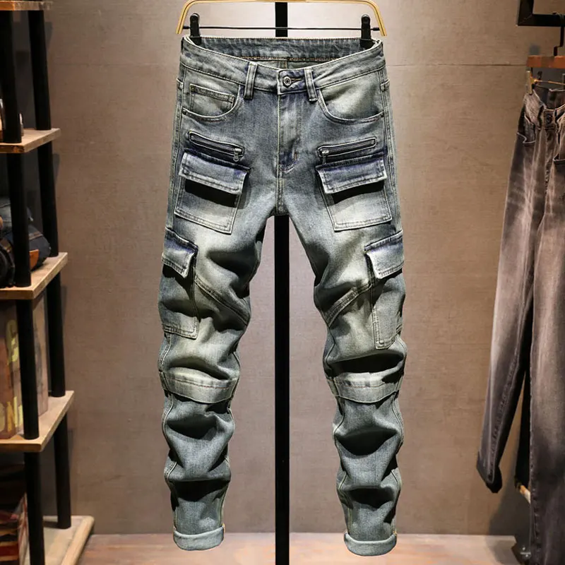 

Street Fashion Designer Men Jeans Retro Washed Blue Stretch Slim Fit Multi Pockets Denim Cargo Pants Hombre Hip Hop Biker Jeans