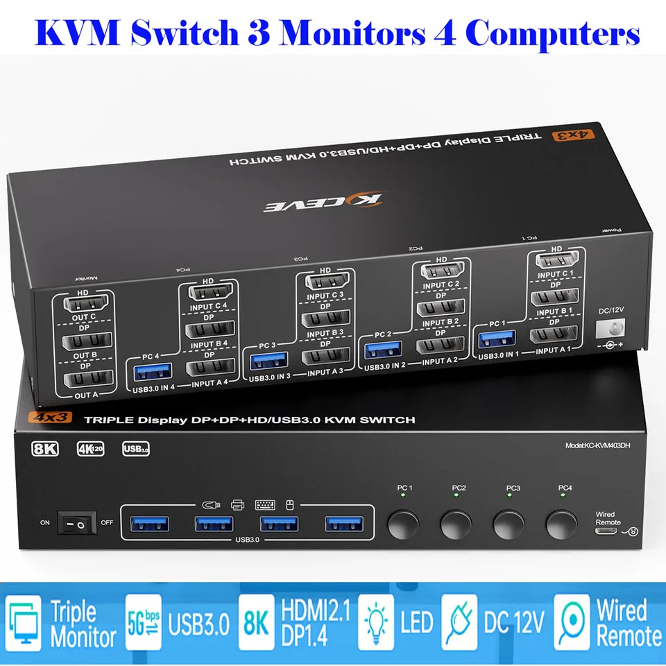 KCEVE KVM Switch 3 Monitors 4 Computers 8K,2 Displayport+1 HDMI