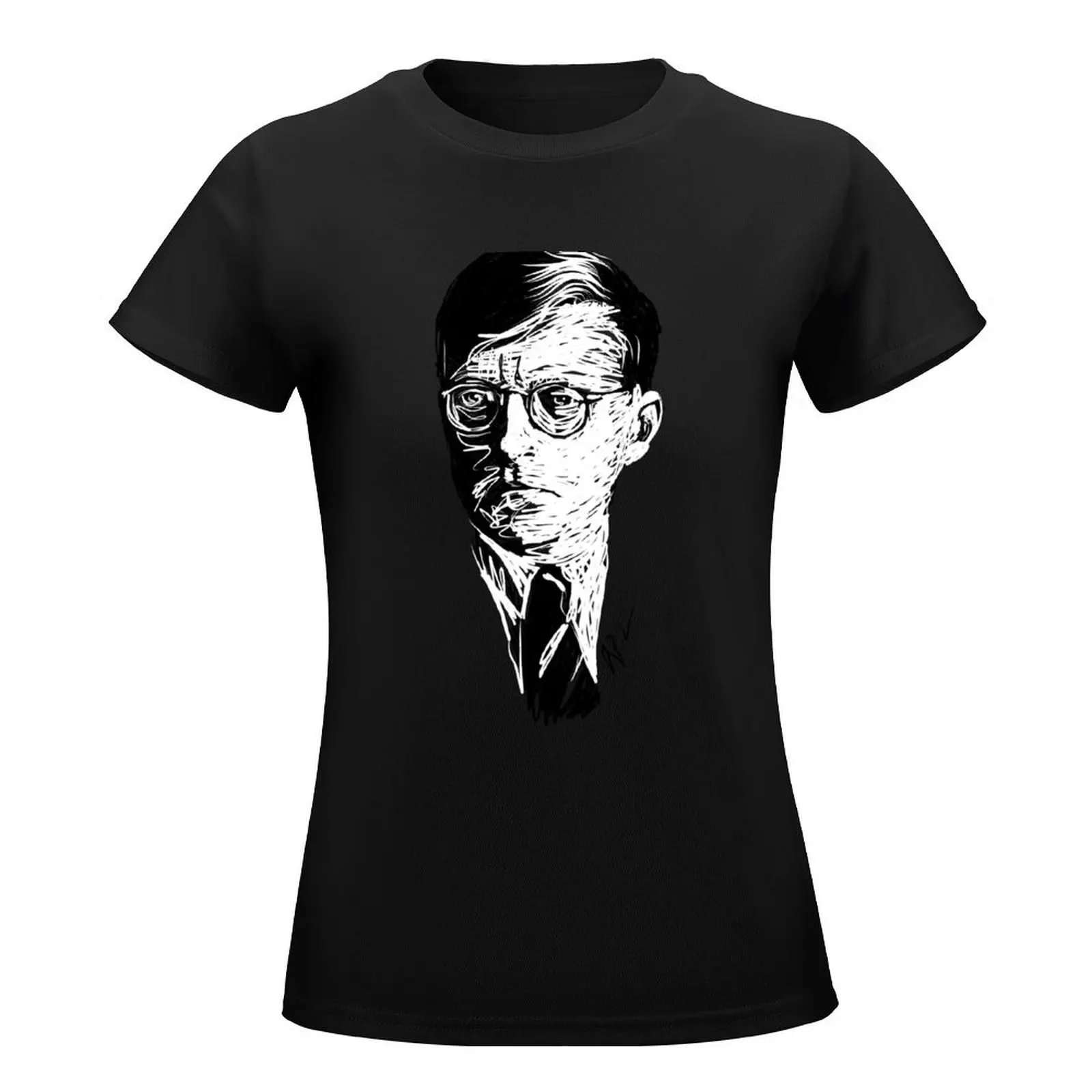 Shostakovich drawing in white on black T-Shirt Female clothing summer top tshirts woman