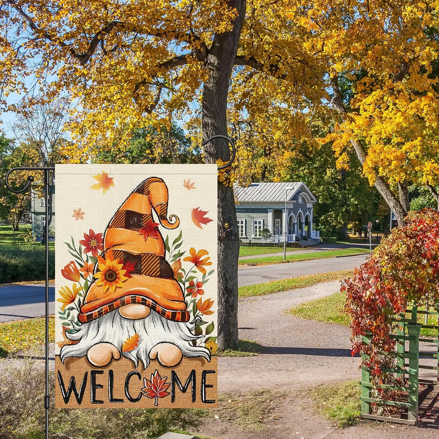 Heyfibro Welcome Fall Gnome Garden Flag 12 x 18 Inch Vertical Double Sided Burlap, Autunm Maple Leaves Yard Flags for Thanks GGX