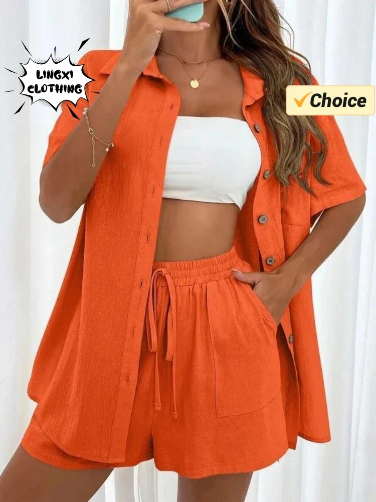 2024 Summer Fashion Sports Casual Cotton Linen Two Piece Set for Women\'s Single Breasted Shirt Elastic Waist Short Two Piece Set