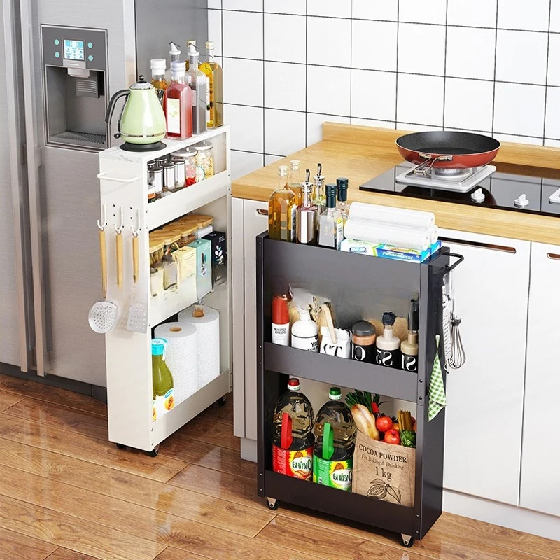 Kitchen floor-to-ceiling hole plate crevice cabinet carbon steel layered pull-out seasoning bottle storage rack
